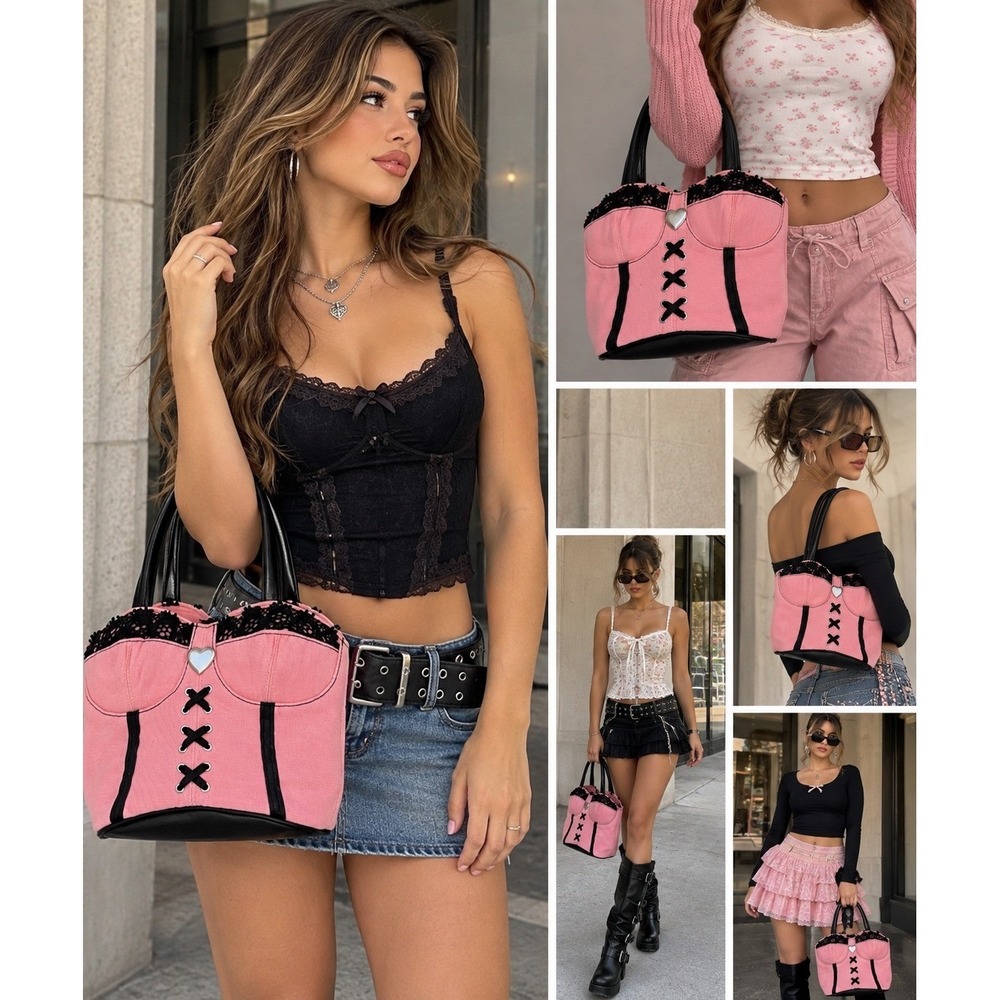 Torrid Pink Corset Handbag Lace Up Heart Coquette Purse Y2K style / early 2000s